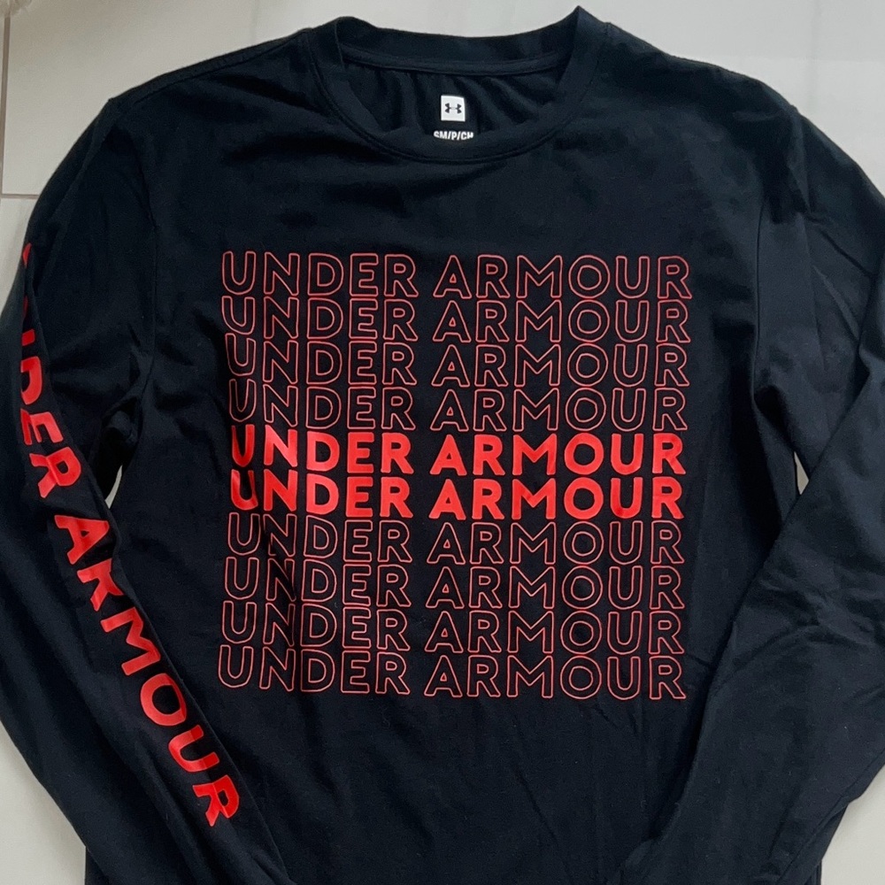 Under Armour Black Long-Sleeve Tee with Red Logo Repeat Size S